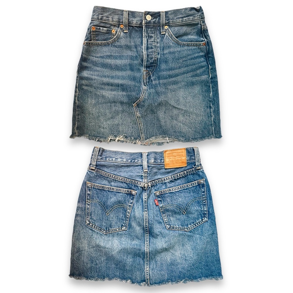 Levis Jean Denim High Waisted Mini Skirt w Frayed Hem Pockets Belt Loops sz 26 - Picture 8 of 16